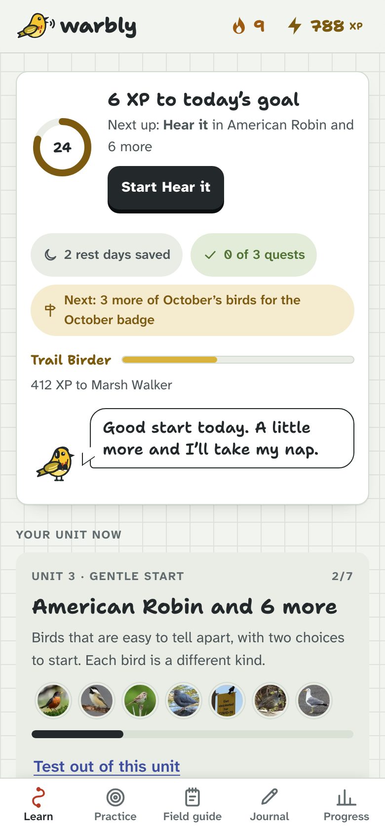 The Learn tab: today’s goal, Warbly and the next lesson
